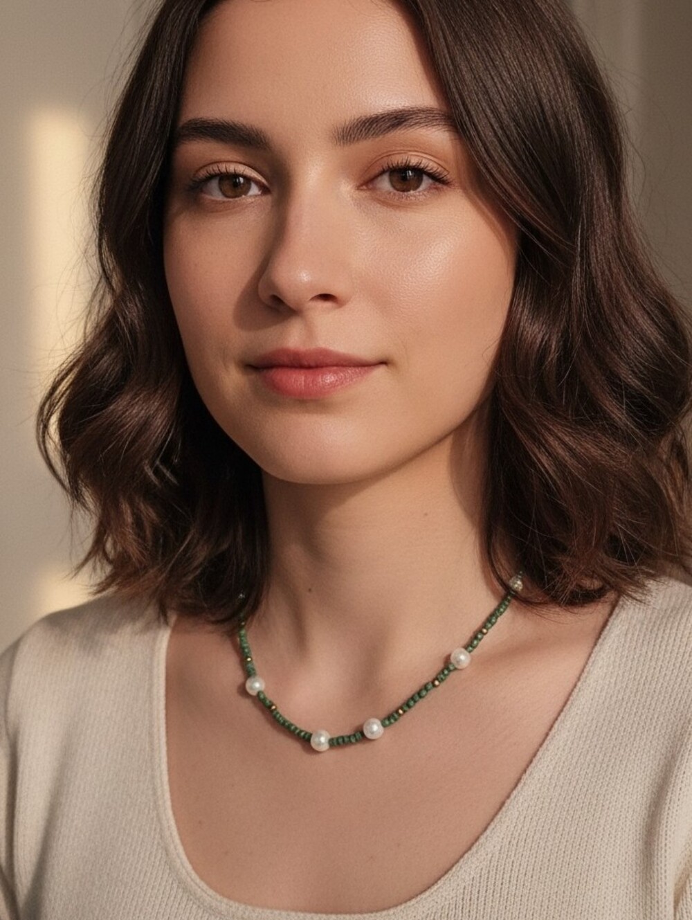 Green Beaded Necklace with Pearl Accents and Gold Spacers
